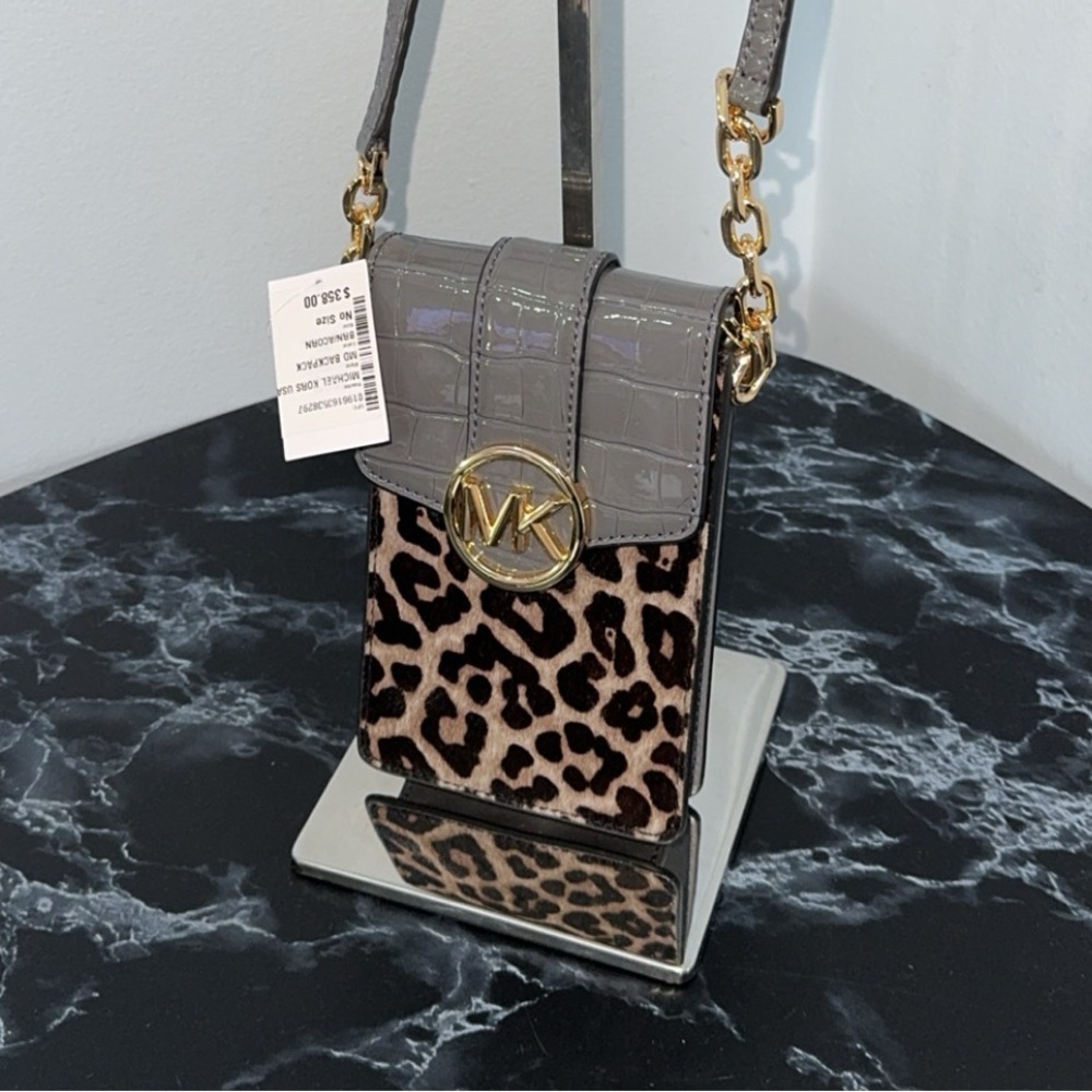 MICHAEL KORS Leopard Shoulder Crossbody Bag Gray Brown Leather AUTHENTIC NWT - Picture 4 of 10